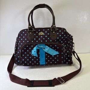 J Garden Brown Blue Polkadot Travel Duffel Bag 18-inch Carry Diaper Bag Bow Zips